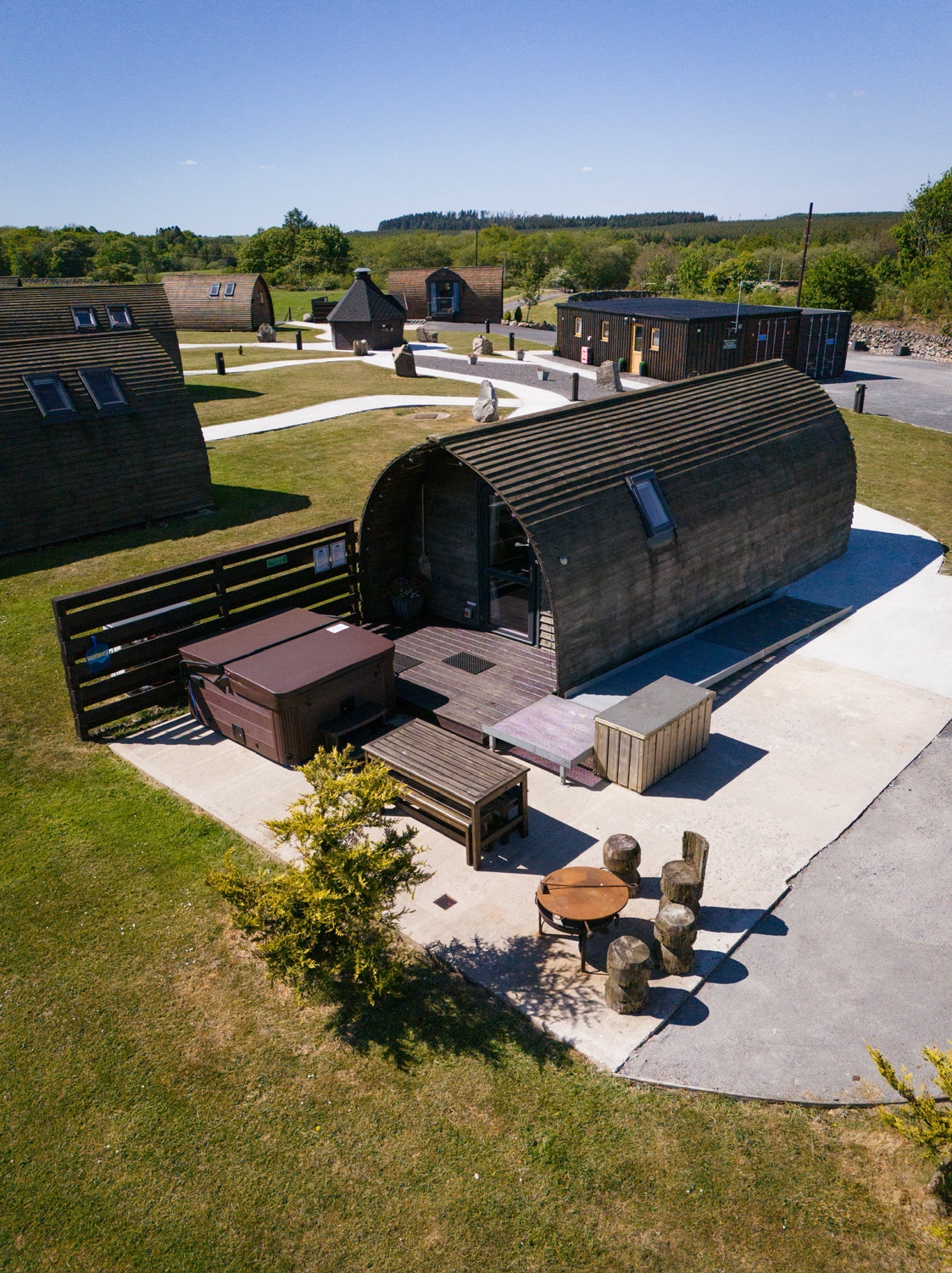 Aerial view of the Family Pod with private hot tub and terrace